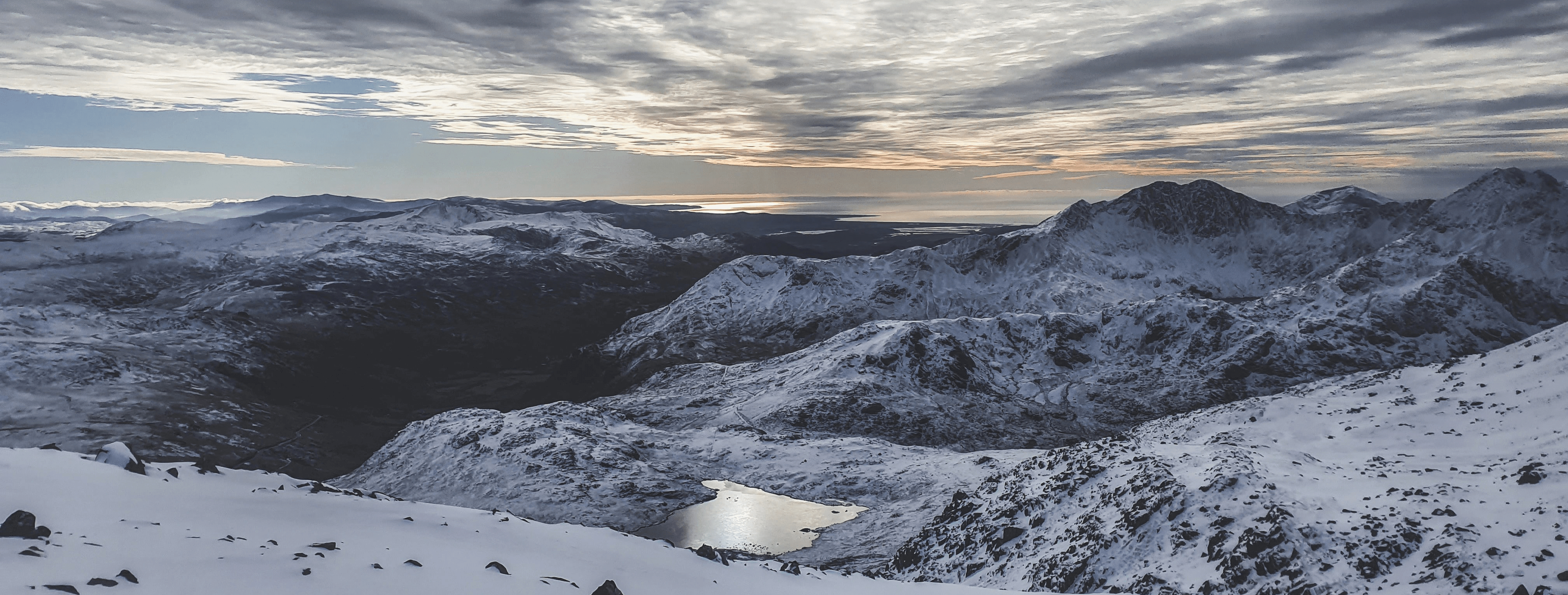 View of snowy Ogwen Valley in North Wales.