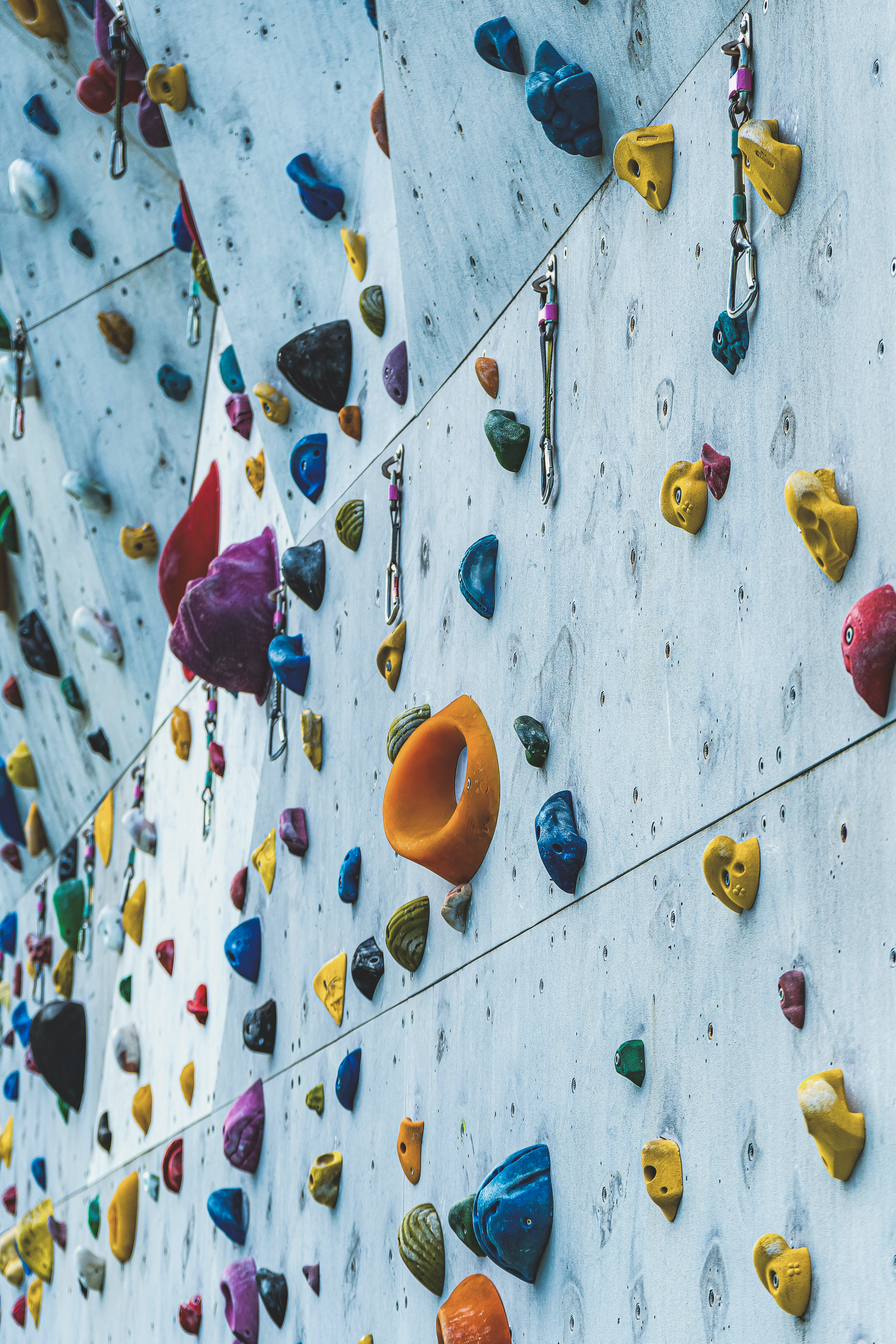 Close up of climbing holds at an indoor climbing wall. 