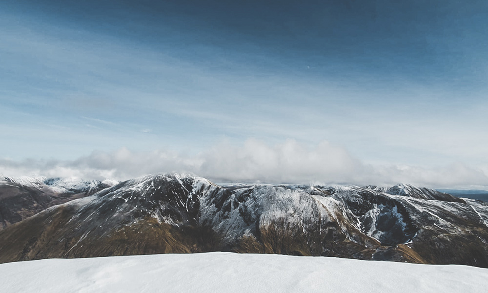 Snowy view from the summit of Sto Bàn, Scotland.